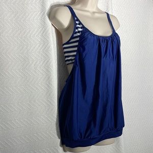 Navy White Stripe Bikini Swimsuit 2pc Coverup Beach Summer Nautical Fits L/XL